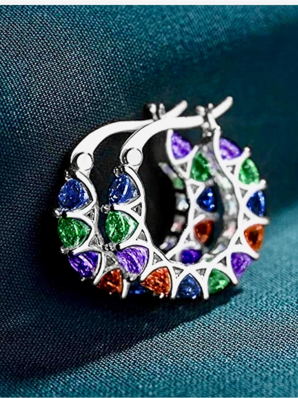 Hoop Earrings Multicolor Round Cubic Zirconia Silver-tone New